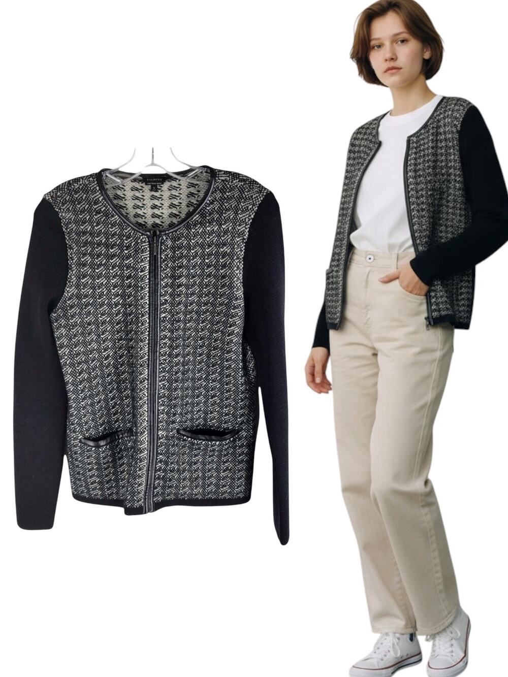 Talbots pure merino wool full zip short jacket long sleeve crew neck size S